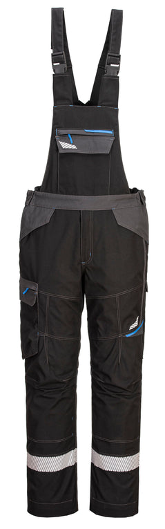 Portwest WX3 Flame Resistant Bib and Brace in Black with grey panels on pocket flaps on chest, waistband and pocket flaps on hips. Heat seal reflective strips on legs, pockets on side of legs and chest with blue zips and straps over shoulders with buckles.