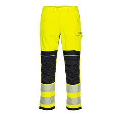 Portwest PW3 Flame Resistant Hi-Vis Work Trousers in fluorescent yellow and two reflective strips on legs below black knee patches. Pocket on side of leg and on hips. Belt loops on waistband.