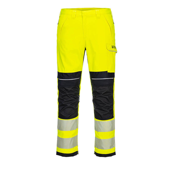 Portwest PW3 Flame Resistant Hi-Vis Work Trousers in fluorescent yellow and two reflective strips on legs below black knee patches. Pocket on side of leg and on hips. Belt loops on waistband.