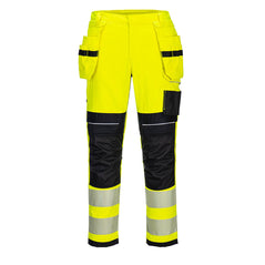 Portwest PW3 Flame Resistant Hi-Vis Holster Trousers in fluorescent yellow and two reflective strips on legs below black knee patches. Pocket on side of leg and holster pockets on hips with black band. Belt loops on waistband.