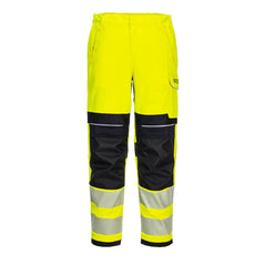 Portwest PW3 Flame Resistant Hi-Vis Women's Work Trousers in fluorescent yellow and two reflective strips on legs below black knee patches. Pocket on side of leg and on hips. Belt loops on waistband.