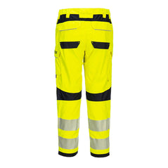 Back of Portwest PW3 Flame Resistant Hi-Vis Women's Work Trousers in fluorescent yellow and two reflective strips on legs below black knee patches. Pocket on side of leg and two on bottom. Belt loops on waistband with black panel.