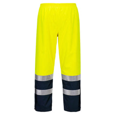 Back of Portwest Bizflame Multi Light Arc Hi-Vis Trousers in yellow with navy ankles, reflective strips on ankles and elasticated waist band.