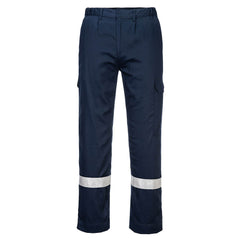Portwest Flame Resistant Lightweight Anti-Static Trousers in navy with belt loops on waist band, button and zip fly fastening, pockets on hips and side of legs and reflective strips on ankles.