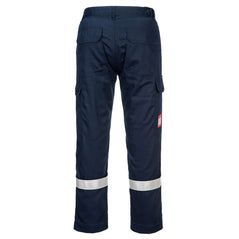 Back of Portwest Flame Resistant Lightweight Anti-Static Trousers in navy with belt loops on waist band, pockets on bottom and side of legs and reflective strips on ankles. Portwest label on side of leg.