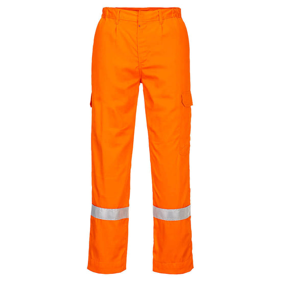 Portwest Flame Resistant Lightweight Anti-Static Trousers in orange with belt loops on waist band, button and zip fly fastening, pockets on hips and side of legs and reflective strips on ankles.