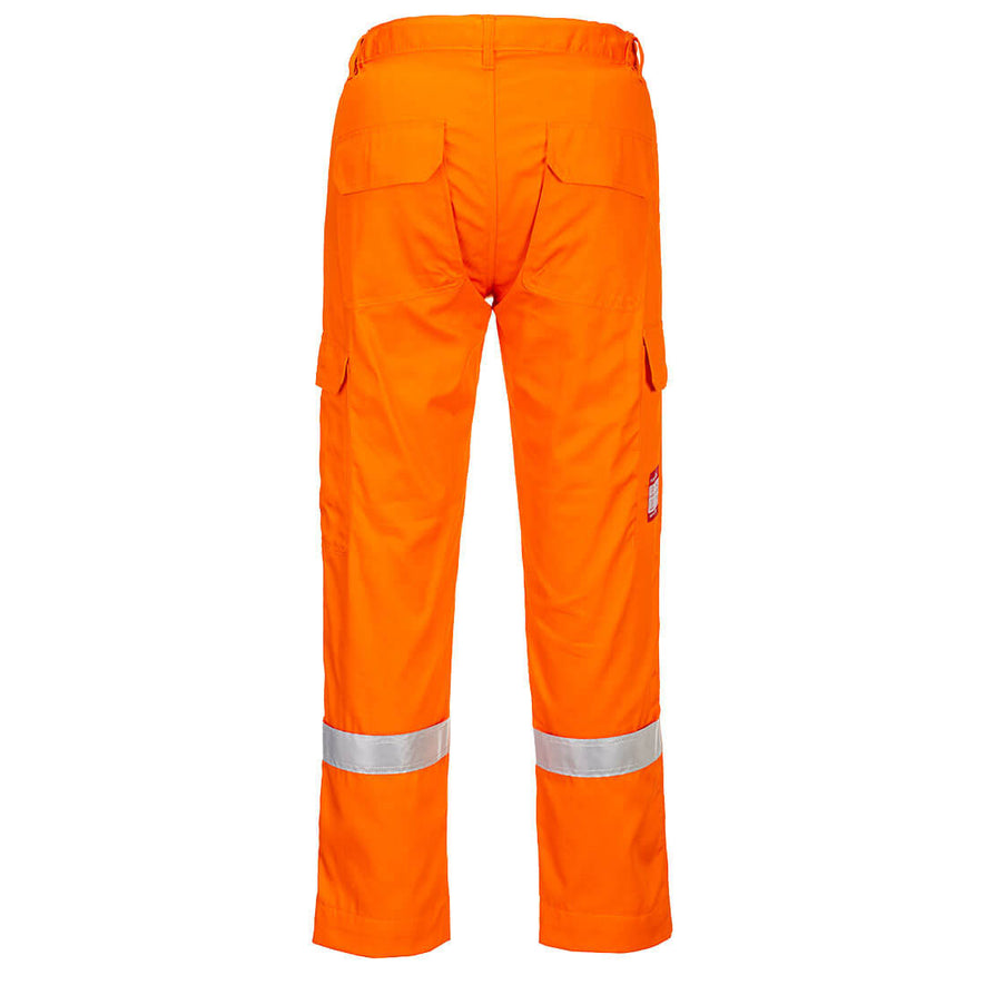 Back of Portwest Flame Resistant Lightweight Anti-Static Trousers in orange with belt loops on waist band, pockets on bottom and side of legs and reflective strips on ankles. Portwest label on side of leg.