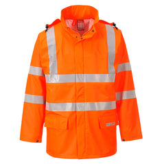 Orange Portwest Sealtex Flame Hi vis jacket. Jacket has flame retardant properties, Hi vis strips along the waist arms and shoulders. Visible hood and two lower pockets.