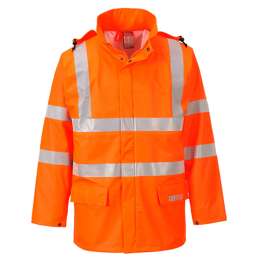 Orange Portwest Sealtex Flame Hi vis jacket. Jacket has flame retardant properties, Hi vis strips along the waist arms and shoulders. Visible hood and two lower pockets.