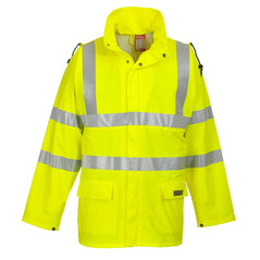 Yellow Portwest Sealtex Flame Hi vis jacket. Jacket has flame retardant properties, Hi vis strips along the waist arms and shoulders. Visible hood and two lower pockets.
