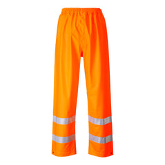 Orange Portwest Sealtex Flame Hi vis Trousers. Trousers have elasticated waist and hi vis bands on the ankles.