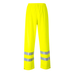 Yellow Portwest Sealtex Flame Hi vis Trousers. Trousers have elasticated waist and hi vis bands on the ankles.