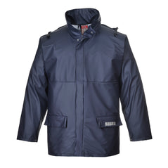 Navy Portwest Sealtex Flame  jacket. Jacket has flame retardant properties, Visible hood and two lower pockets.