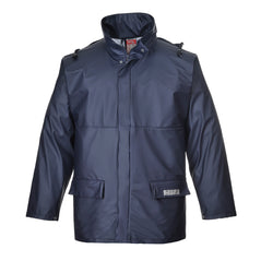 Navy Portwest Sealtex Flame jacket. Jacket has flame retardant properties, Visible hood and two lower pockets.