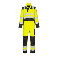 Portwest PW3 Flame Resistant Hi-Vis Coverall in yellow with black panels on shoulders, wrists, waistband, knees and ankles. Heat seal reflective strips on chest, shoulders, arms and legs and pocket on side of leg.