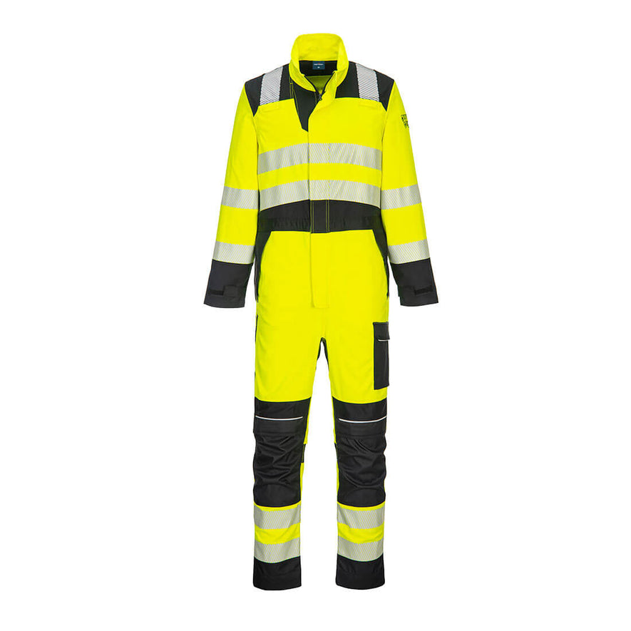 Portwest PW3 Flame Resistant Hi-Vis Coverall in yellow with black panels on shoulders, wrists, waistband, knees and ankles. Heat seal reflective strips on chest, shoulders, arms and legs and pocket on side of leg.