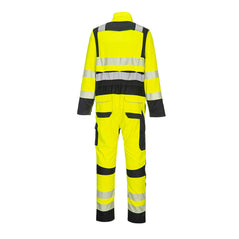 Back of Portwest PW3 Flame Resistant Hi-Vis Coverall in yellow with black panels on shoulders, wrists, waistband, knees, ankles and flaps on pockets. Heat seal reflective strips on back, shoulders, arms and legs and pockets on side of leg and two on bottom.