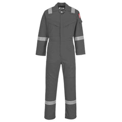 Flame resistant anti static Coverall in grey with two chest pockets and a pen loop on the chest. Coverall has hi vis bands on the legs, arms and shoulders.