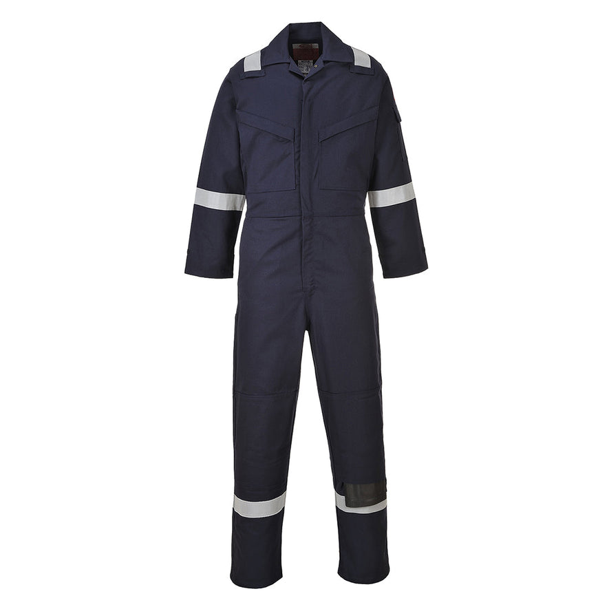 Flame resistant anti static Coverall in navy with two chest pockets and a pen loop on the chest. Coverall has hi vis bands on the legs, arms and shoulders.