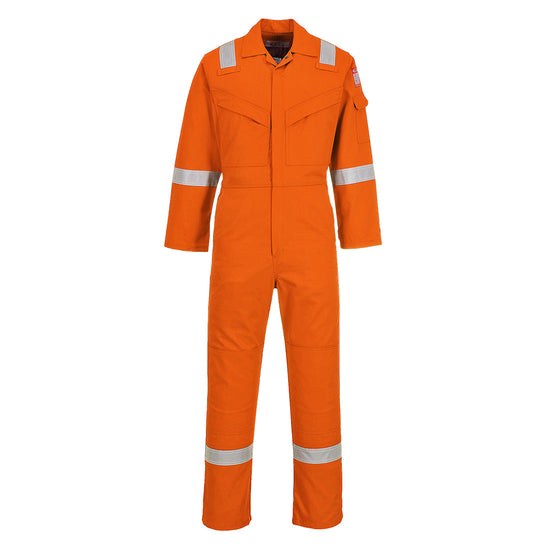 Flame resistant anti static Coverall in orange with two chest pockets and a pen loop on the chest. Coverall has hi vis bands on the legs, arms and shoulders.