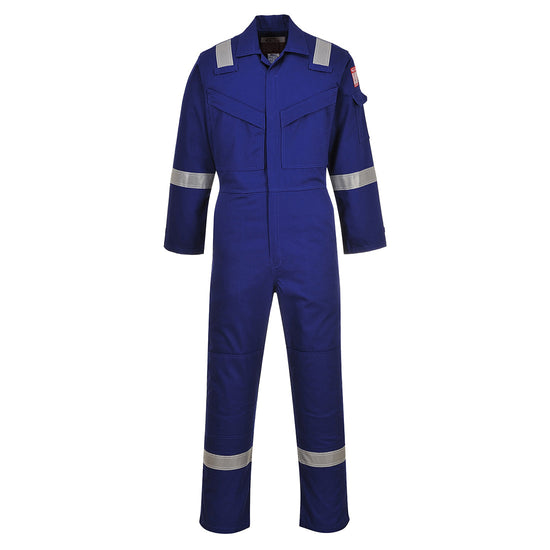 Flame resistant anti static Coverall in royal blue with two chest pockets and a pen loop on the chest. Coverall has hi vis bands on the legs, arms and shoulders.