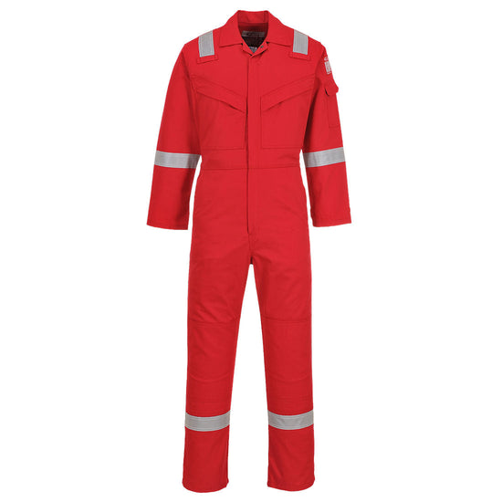 Flame resistant anti static Coverall in red with two chest pockets and a pen loop on the chest. Coverall has hi vis bands on the legs, arms and shoulders.