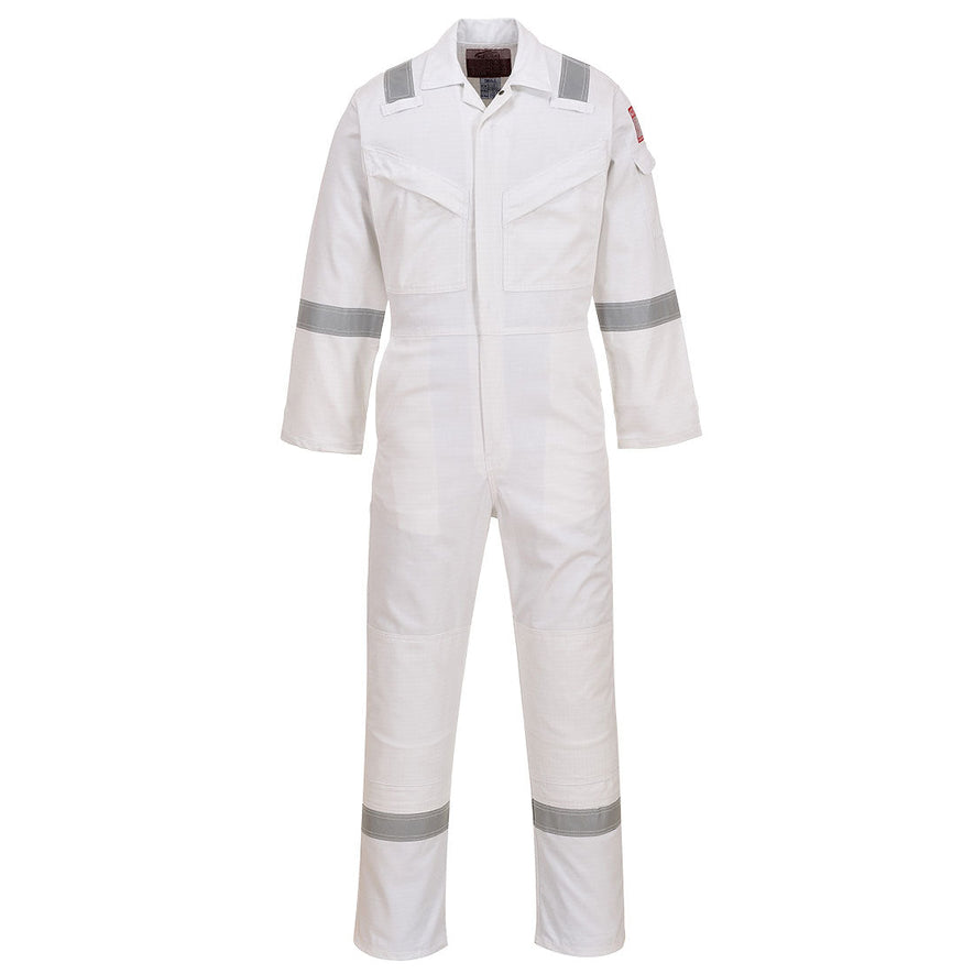 Flame resistant anti static Coverall in white with two chest pockets and a pen loop on the chest. Coverall has hi vis bands on the legs, arms and shoulders.