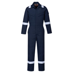 Navy flame retardant woman's coverall with hi vis straps on the ankles, arms and shoulders. coveralls are zip fasten and have visible zip chest pockets.