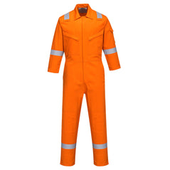 Orange flame retardant woman's coverall with hi vis straps on the ankles, arms and shoulders. coveralls are zip fasten and have visible zip chest pockets.