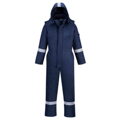 Flame resistant anti static Coverall in navy with two chest pockets. Coverall has hi vis bands on the legs, arms and shoulders and a visible hood.