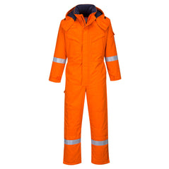 Flame resistant anti static Coverall in orange with two chest pockets. Coverall has hi vis bands on the legs, arms and shoulders and a visible hood.