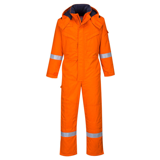 Flame resistant anti static Coverall in orange with two chest pockets. Coverall has hi vis bands on the legs, arms and shoulders and a visible hood.