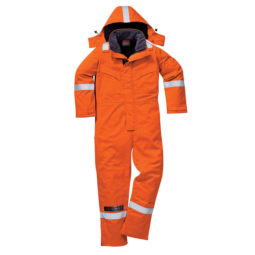 Flame resistant anti static Coverall in orange with two chest pockets. Coverall has hi vis bands on the legs, arms and shoulders and a visible hood.