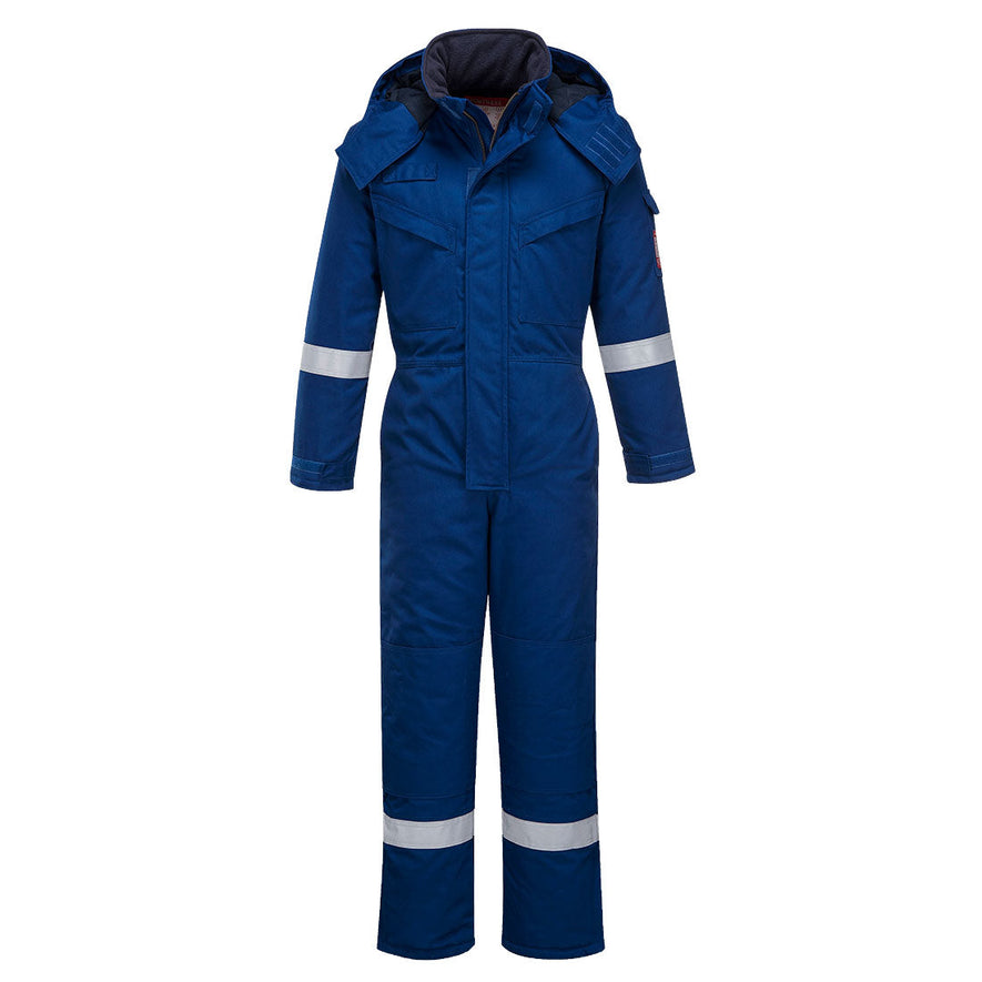 Flame resistant anti static Coverall in royal blue with two chest pockets. Coverall has hi vis bands on the legs, arms and shoulders and a visible hood.