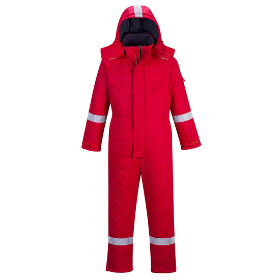 Flame resistant anti static Coverall in red with two chest pockets. Coverall has hi vis bands on the legs, arms and shoulders and a visible hood.