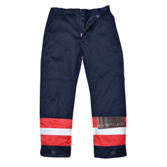 Navy and red Bizflame Plus trouser with belt loops and reflective strips on shins with kneepad pockets.