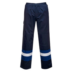 Navy and royal blue Bizflame Plus trouser with belt loops and reflective strips on shins with kneepad pockets.