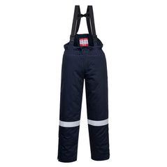 Flame resistant anti static winter bib and brace in navy. Trousers have hi vis bands on the legs and shoulder straps.