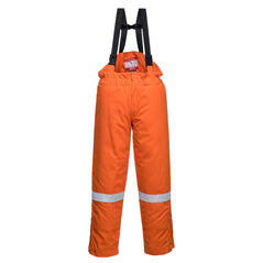 Flame resistant anti static winter bib and brace in Orange. Trousers have hi vis bands on the legs and shoulder straps.