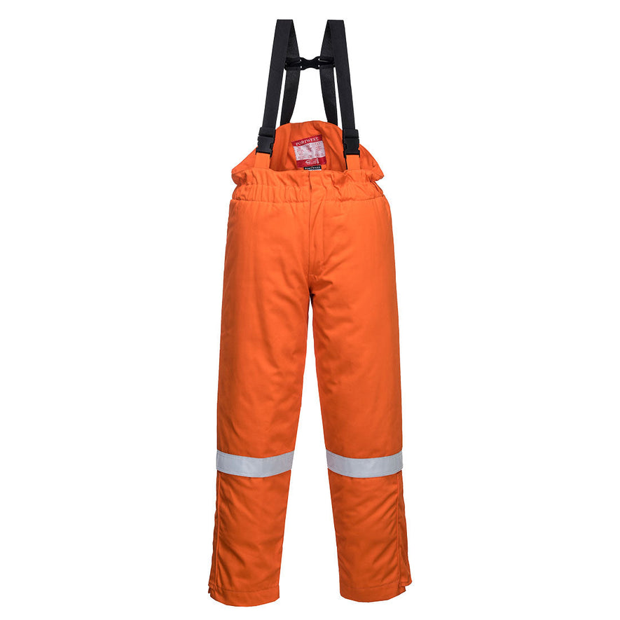 Flame resistant anti static winter bib and brace in Orange. Trousers have hi vis bands on the legs and shoulder straps.