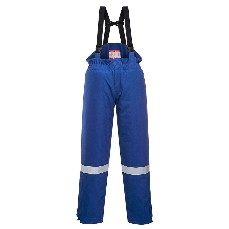 Flame resistant anti static winter bib and brace in Royal Blue. Trousers have hi vis bands on the legs and shoulder straps.