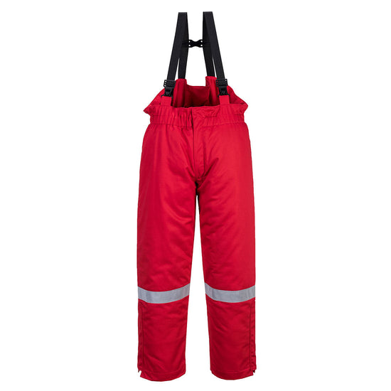Flame resistant anti static winter bib and brace in Red. Trousers have hi vis bands on the legs and shoulder straps.