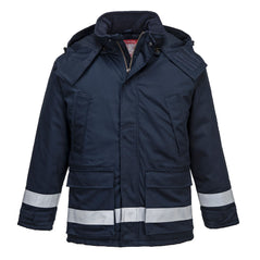 Flame resistant anti static jacket in Navy with two chest pockets. Coverall has hi vis bands on the arms, bottom of jacket, hood and shoulders and a visible hood.