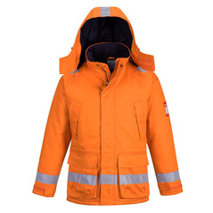Flame resistant anti static jacket in orange with two chest pockets. Coverall has hi vis bands on the arms, bottom of jacket, hood and shoulders and a visible hood.
