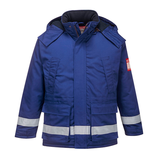 Flame resistant anti static jacket in Royal blue with two chest pockets. Coverall has hi vis bands on the arms, bottom of jacket, hood and shoulders and a visible hood.