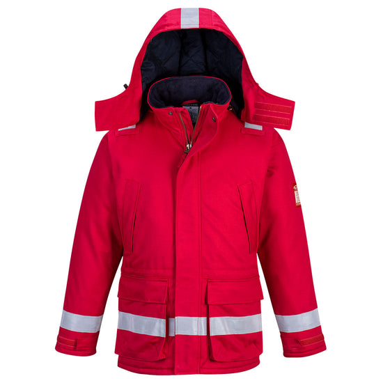 Flame resistant anti static jacket in Red with two chest pockets. Coverall has hi vis bands on the arms, bottom of jacket, hood and shoulders and a visible hood.
