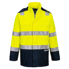 Portwest Bizflame Multi Light Arc Hi-Vis Jacket in yellow with navy panels on shoulders, bottom and wrists. Reflective strips on shoulders, front and arms, pocket on arm , collar and zip fastening with concealing flap.