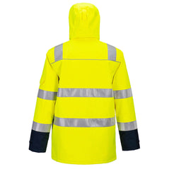 Back of Portwest Bizflame Multi Light Arc Hi-Vis Jacket in yellow with navy panels on wrists. Reflective strips on shoulders, front and arms, pocket on arm and hood.