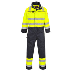 Yellow and navy Hi Vis Multi Norm coverall. Coverall has hi vis bands on the ankles, arms, body and shoulders. Coverall has navy contrast on the legs and bottom of the arms. Coverall also has zip chest pockets as well as pockets for kneepads.