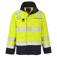 Hi Vis Multi-Norm jacket in yellow and navy. Jacket has navy contrast on the bottom of the jacket and sleeves. Hi vis bands on the shoulders, arms and body, D ring loop, as well as two pockets on the chest.